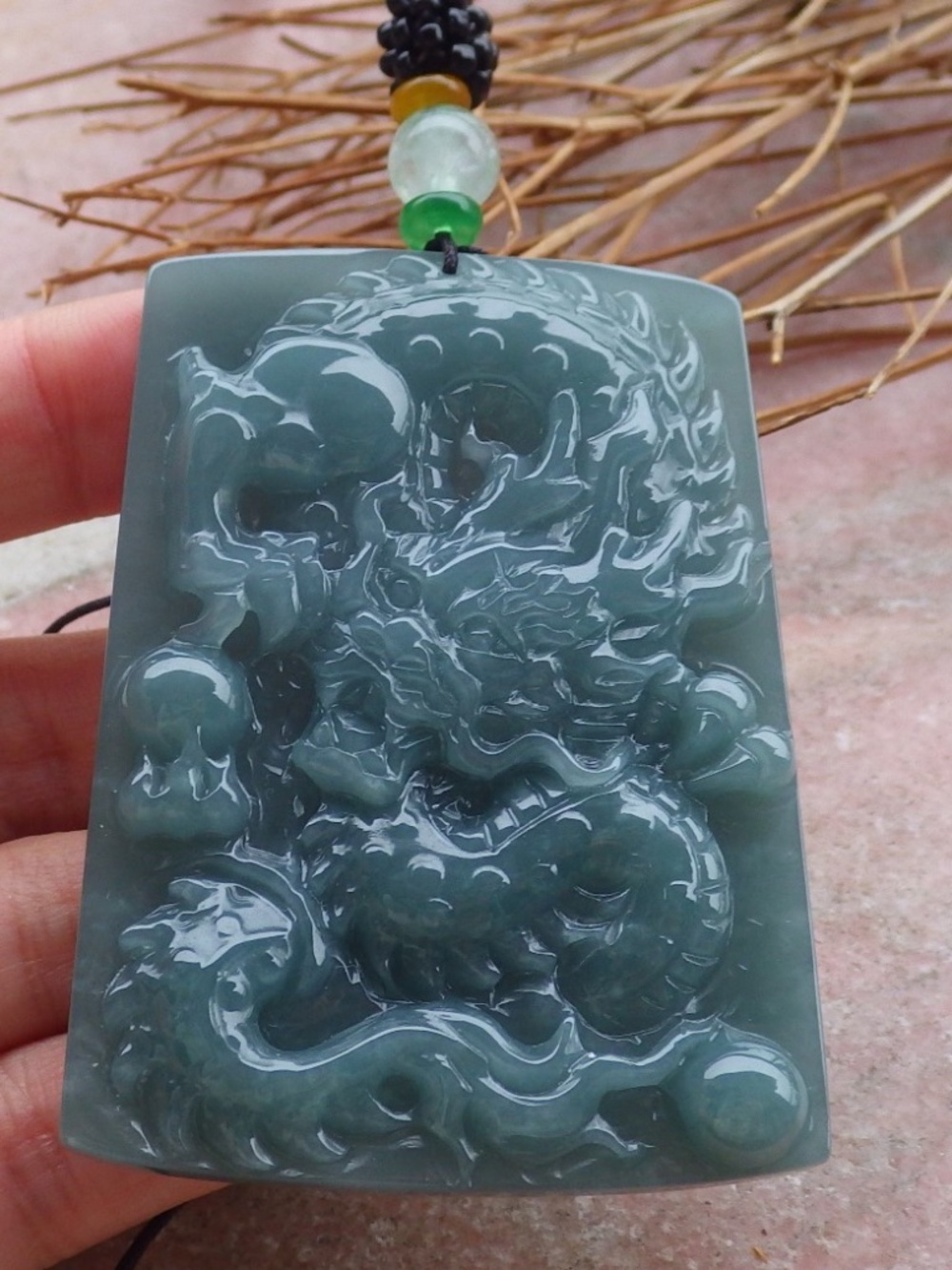 Certified Hand Carved Natural A Jade jadeite Dragon Bead Ruyi Pendant Necklace